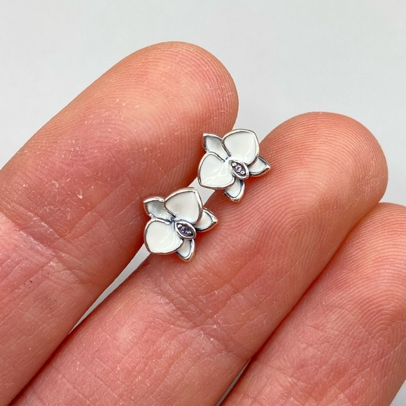 Pandora White Enamel Orchid Earrings - Picture 3 of 5